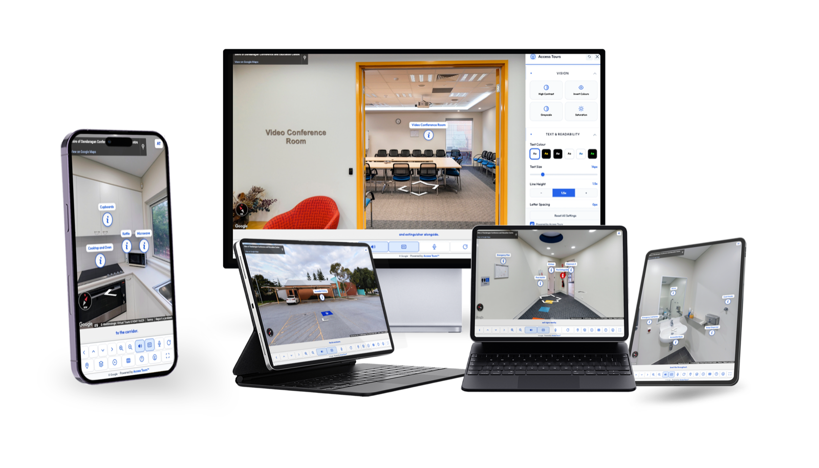 Access Tours accessible virtual tour shown across phone, tablet, laptop and desktop screens