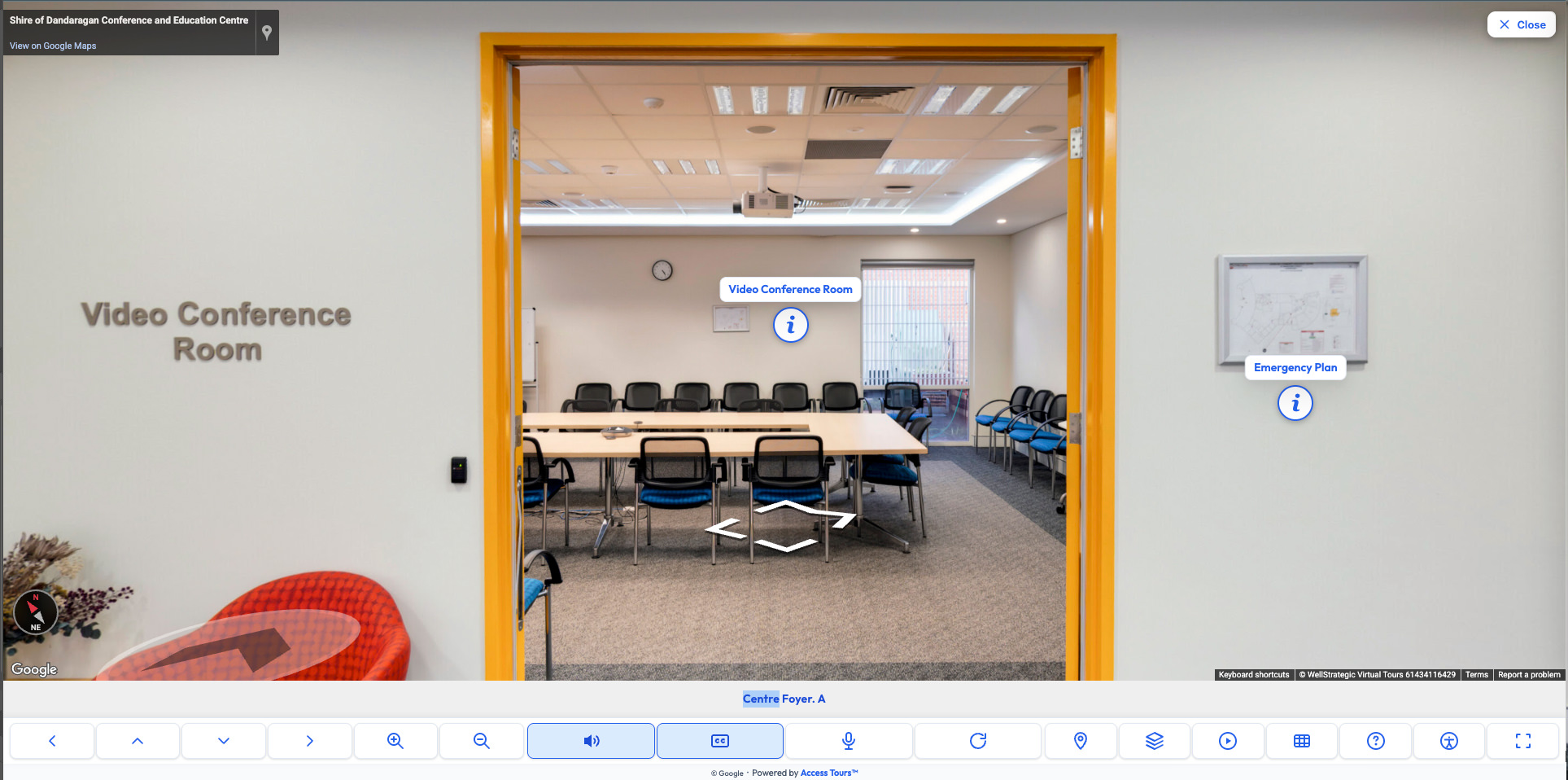 The same tour with the Access Tours accessibility overlay, labels and controls added