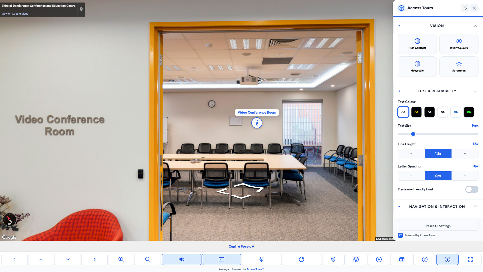 Access Tours accessibility panel over a Google Street View tour, showing Vision modes, text and readability controls, a point-of-interest marker and navigation toolbar