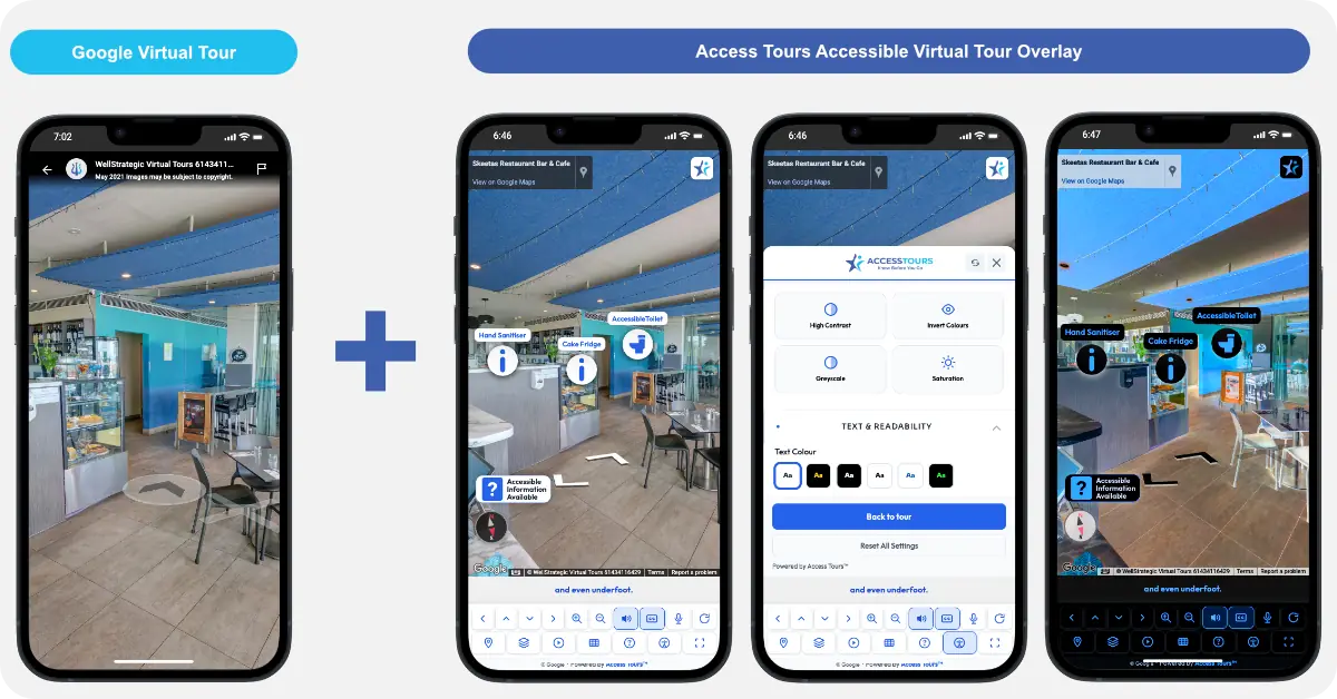 Side by side: a standard Google Virtual Tour, plus the Access Tours accessible overlay with high-contrast, invert, greyscale and saturation controls, captions and points of interest